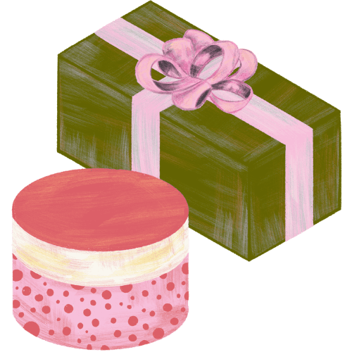 A gift box and a polka-dot cake